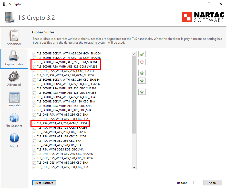 IIS Crypto shows active Cipher Suites
